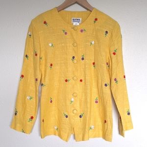 Vintage Yellow Linen Jacket w/ Embroidered Flowers Sz Small Cottagecore blazer